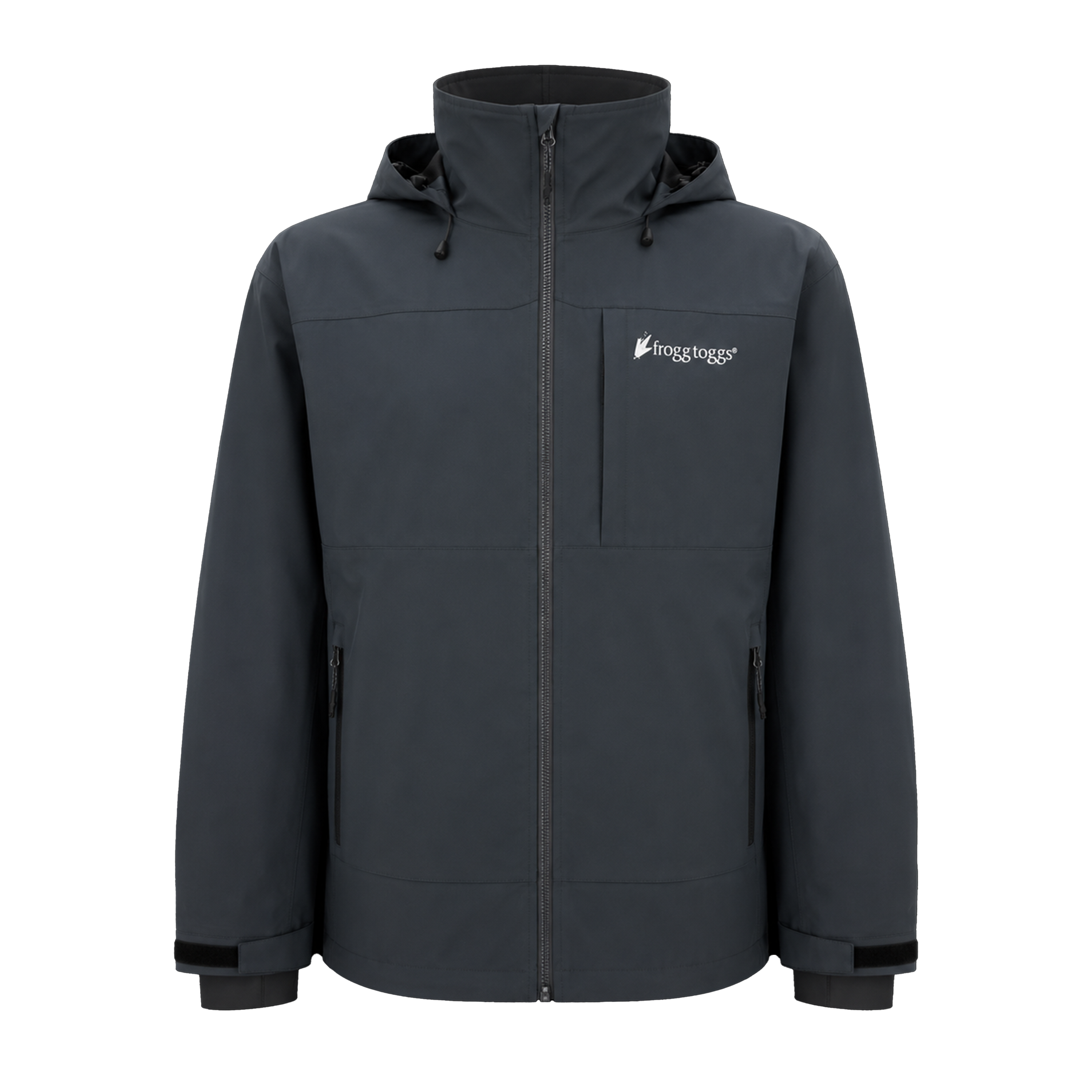 A dark gray hooded frogg toggs rain jacket with a full front zipper, zippered chest pocket, and adjustable cuffs, shown on a plain white background. The brand name