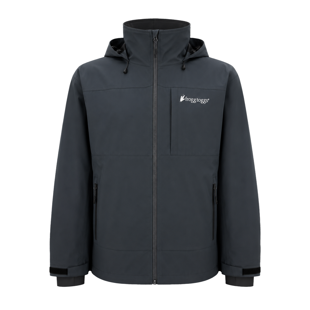 A dark gray hooded frogg toggs rain jacket with a full front zipper, zippered chest pocket, and adjustable cuffs, shown on a plain white background. The brand name "frogg toggs" is printed in white on the left chest