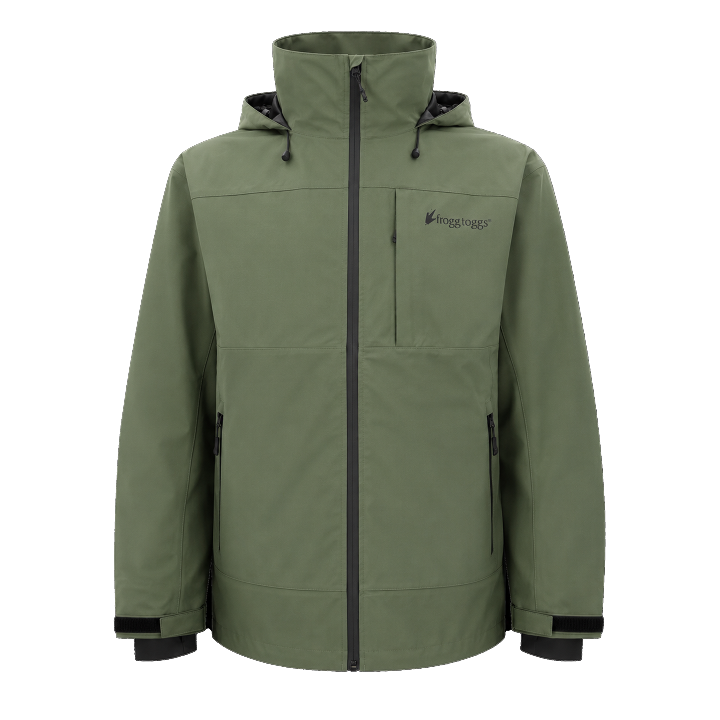 An olive green hooded frogg toggs jacket with a black front zipper, black drawstrings, and a black