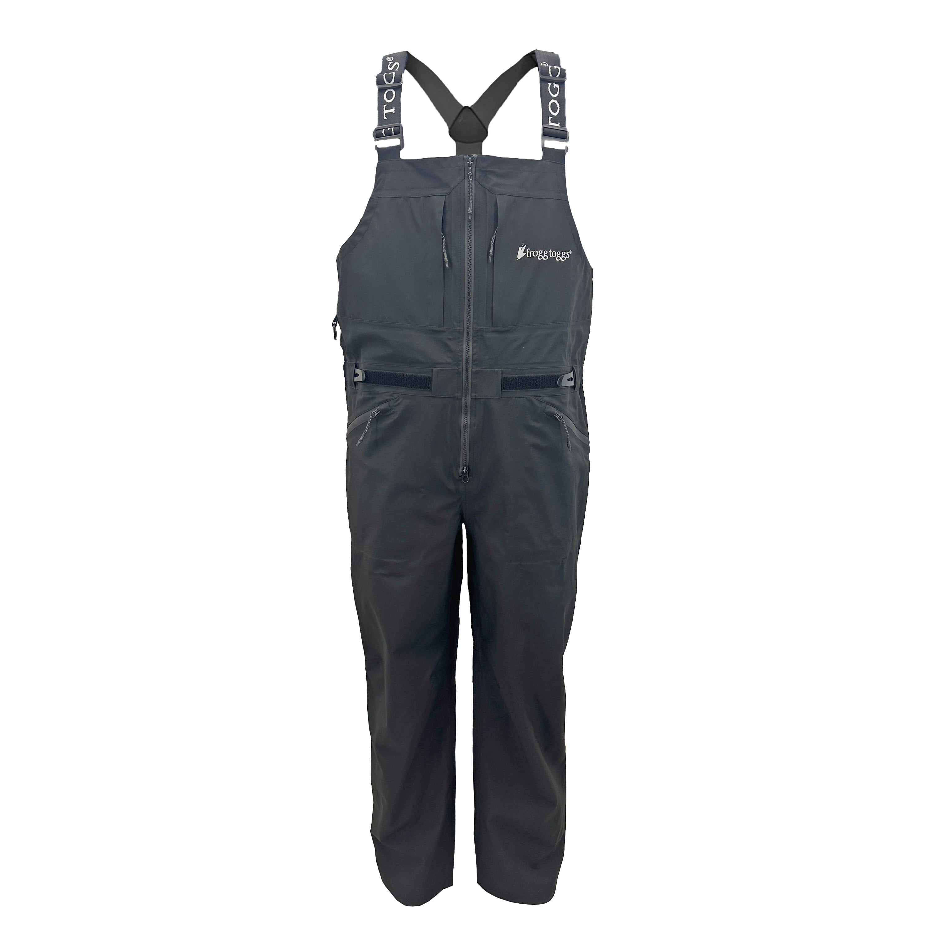 Dark gray bib overalls with suspenders on a white background