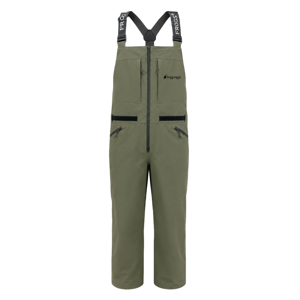 Olive green waterproof frogg toggs overalls with black suspenders, a front zipper, and zippered pockets, shown on a plain white background