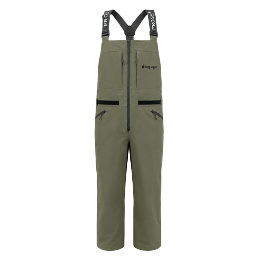 Olive green waterproof frogg toggs overalls with black suspenders, a front zipper, and zippered pockets, shown on a plain white background