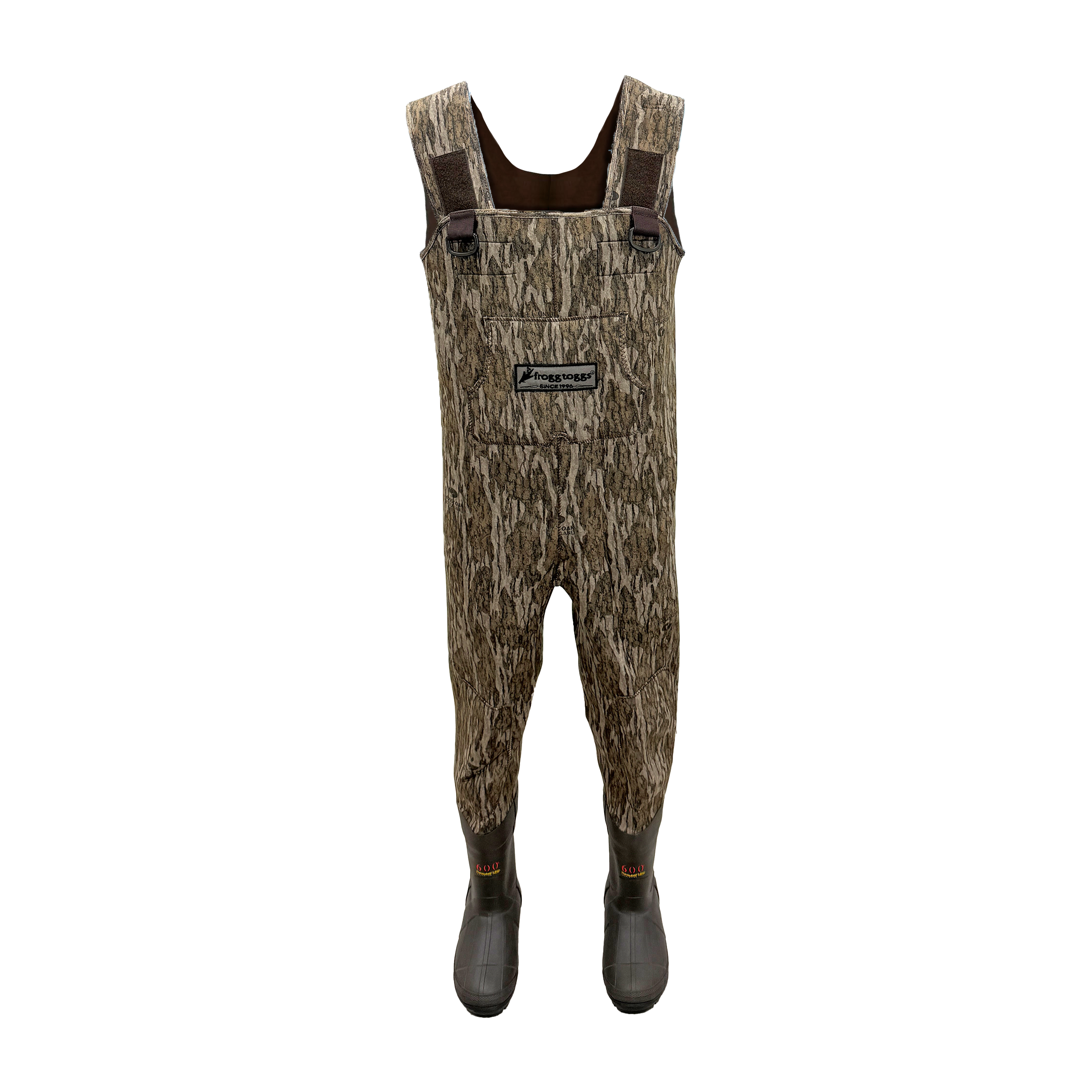 A pair of camouflage frogg toggs waders with a brown and tan woodland pattern, featuring dark gray rubber boots, shown against a plain white background