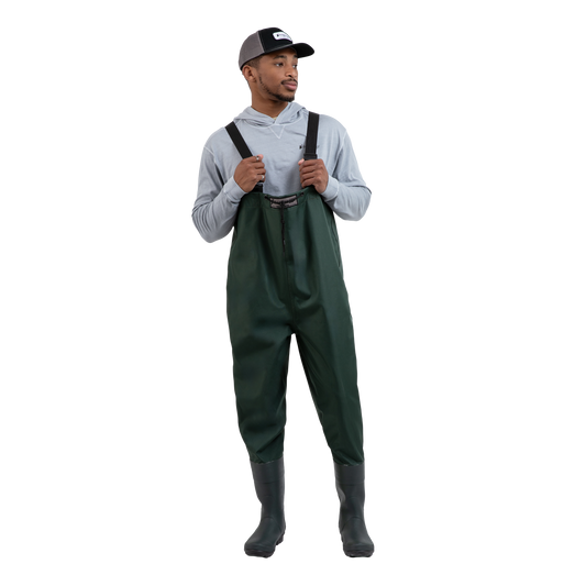 Man wearing green lug sole wader