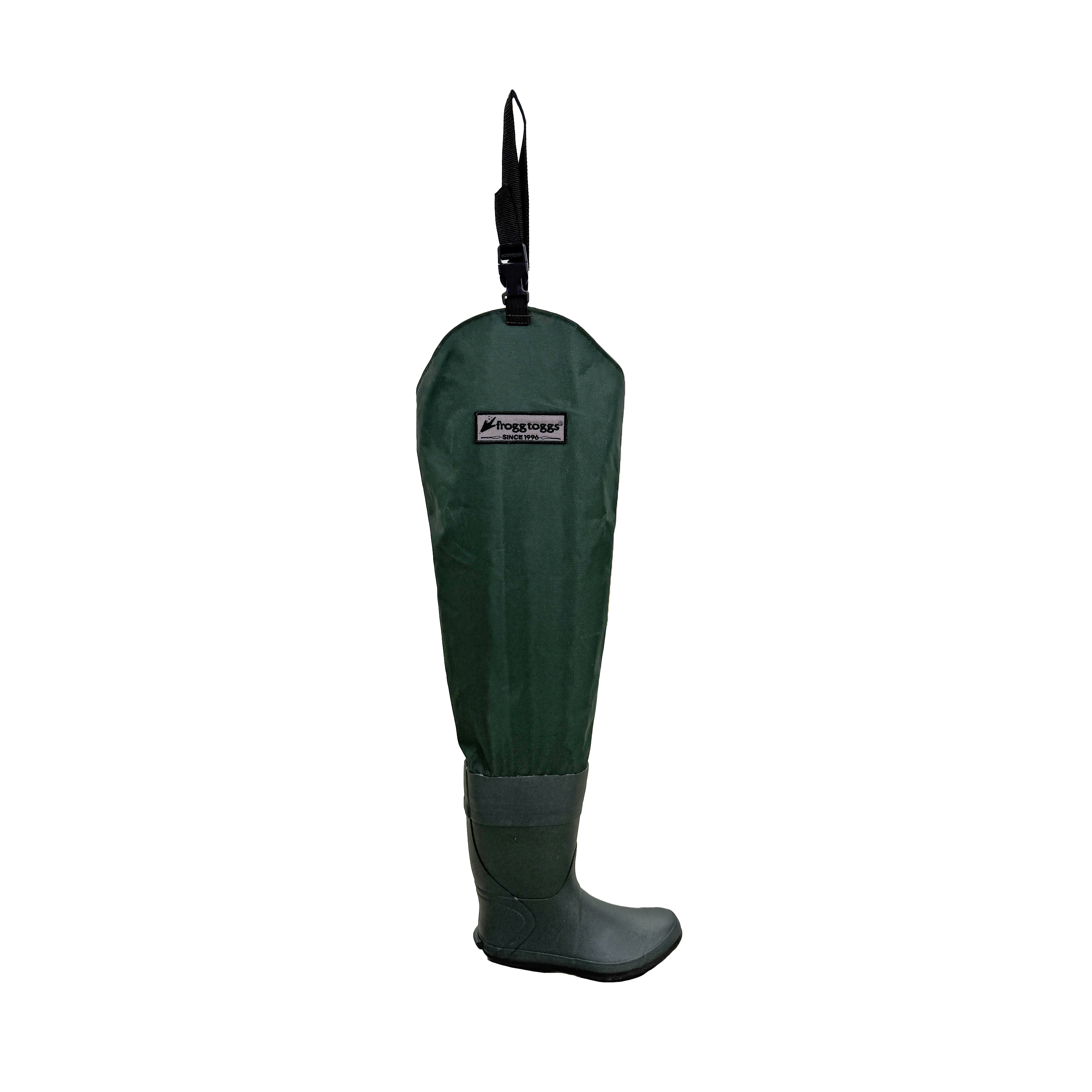 A dark green waterproof leg cover Frogg Toggs boot with a black hanging strap and a small 'Framburger' brand label on the front, shown against a plain white background.