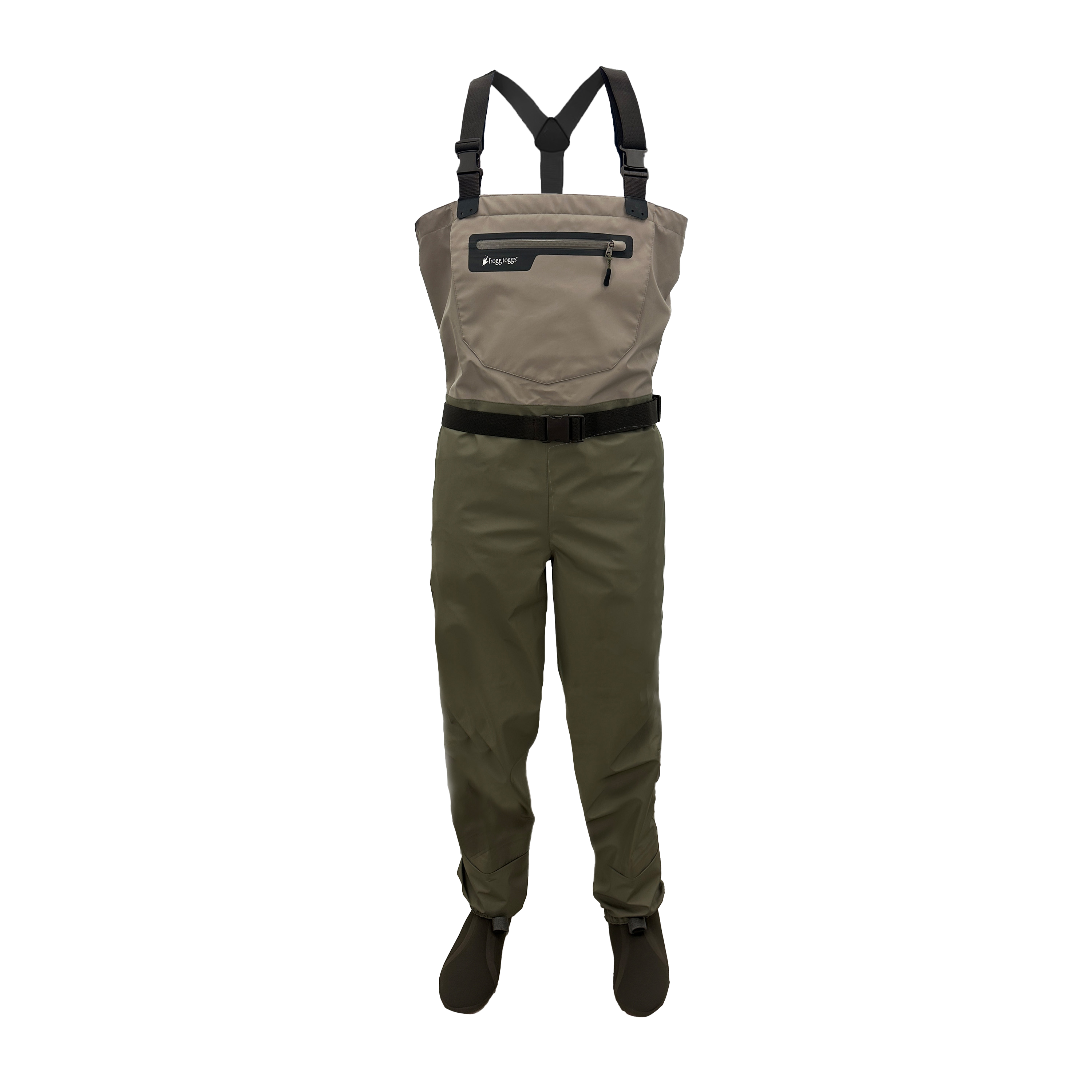 Brown and green waders with suspenders on a white background