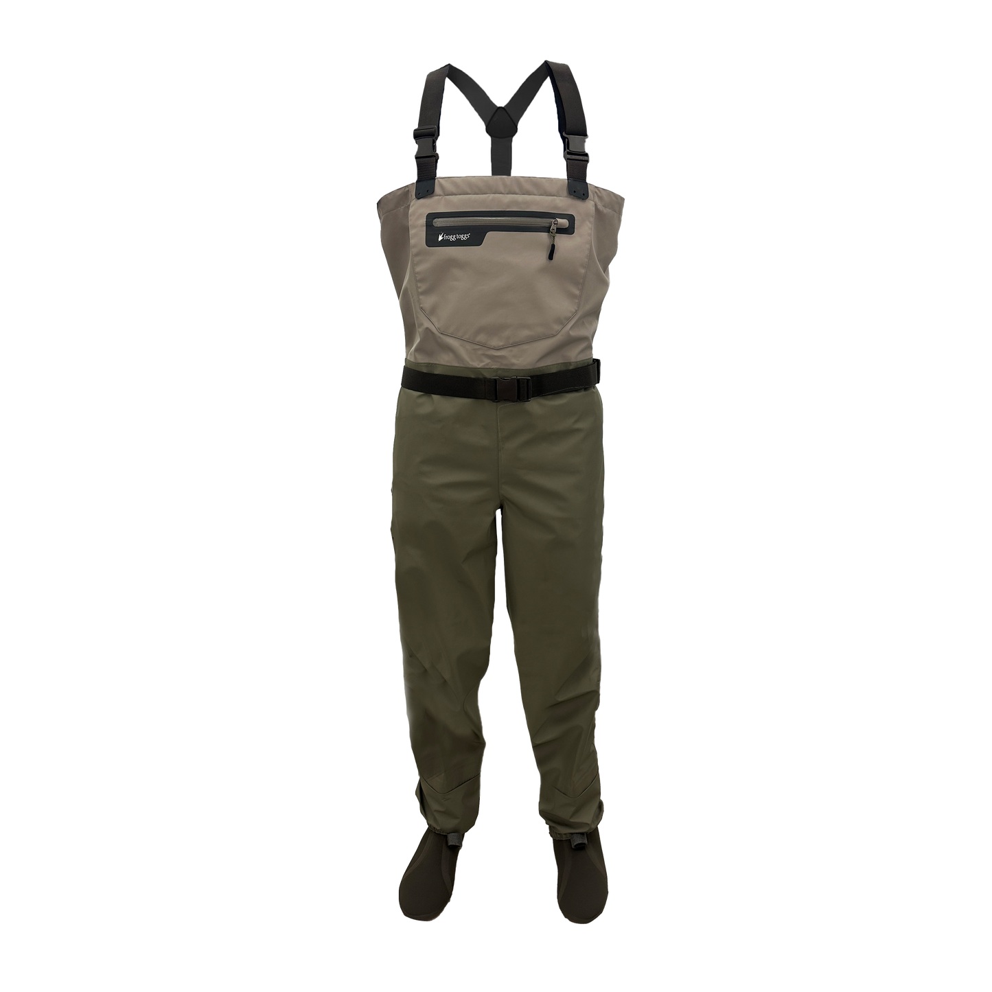 Brown and green waders with suspenders on a white background