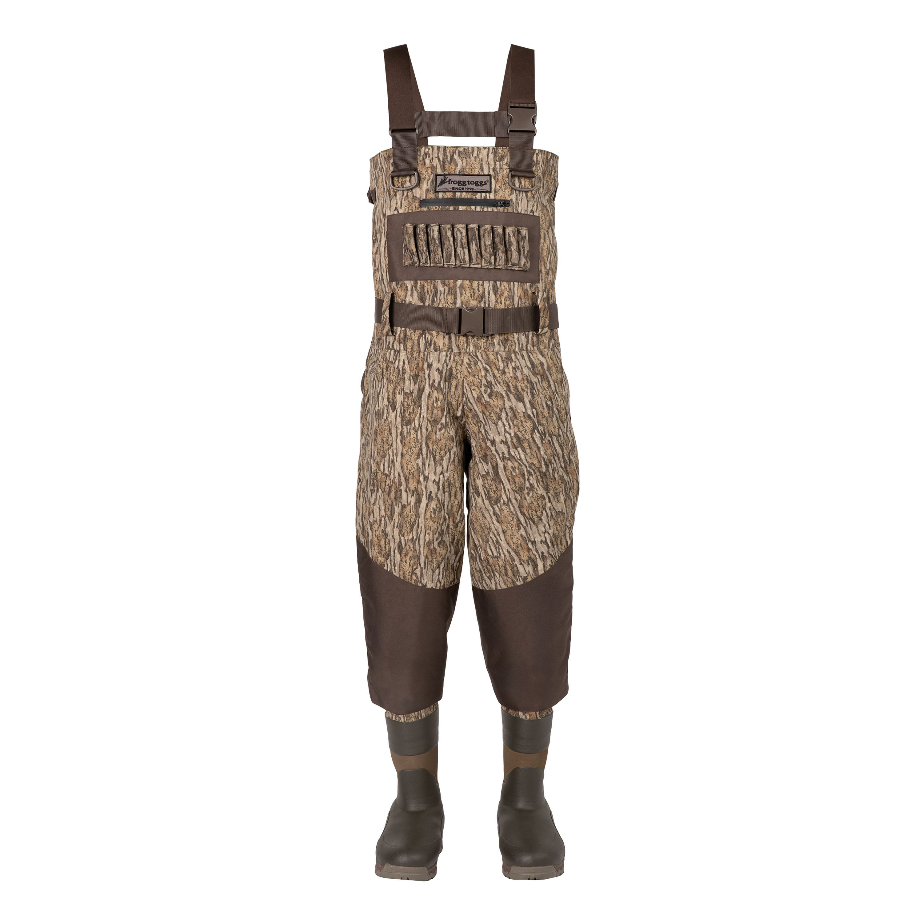 A pair of camouflage hunting waders with solid brown bib and leg patches, shown on a white background with dark brown rubber boots.