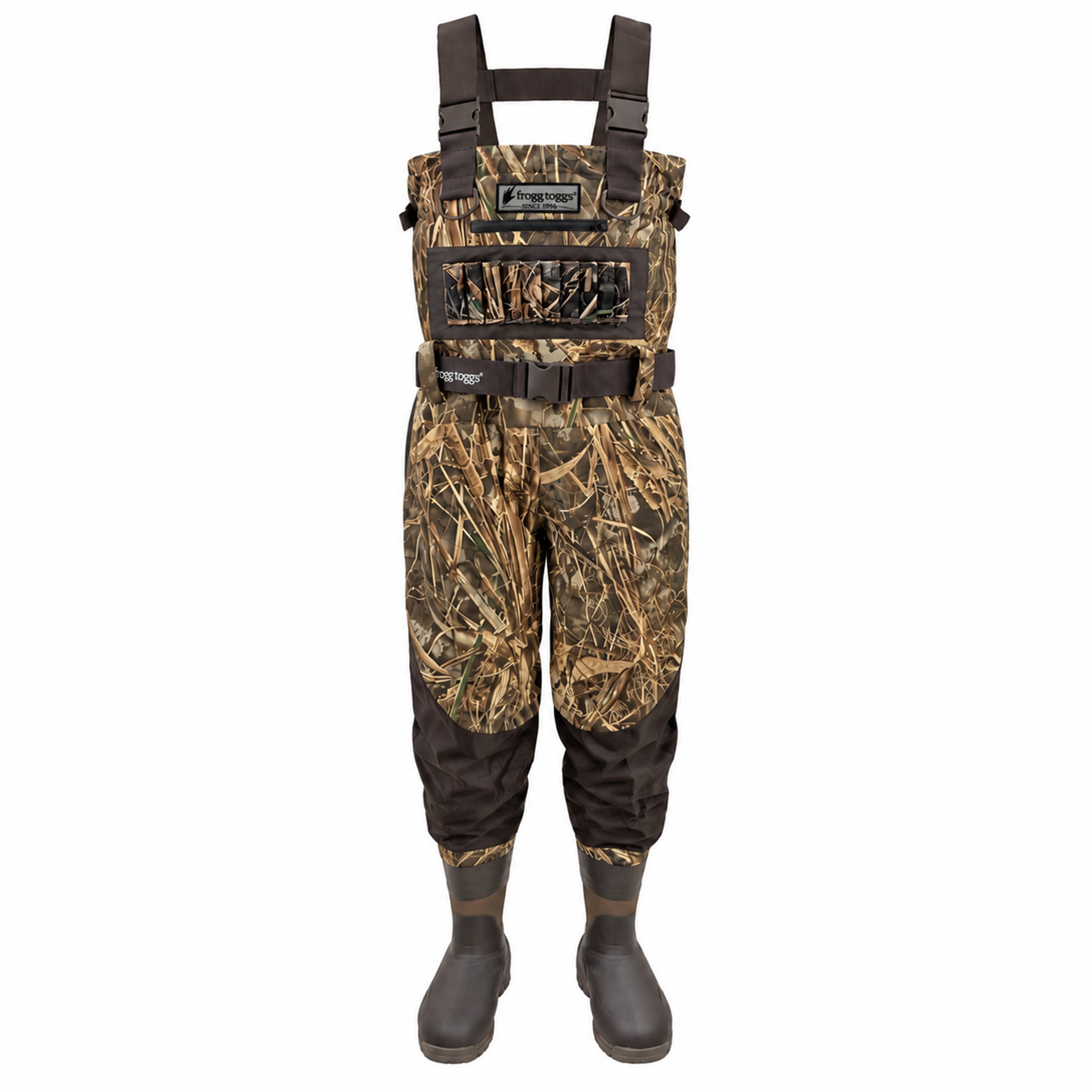 Frogg Toggs Realtree Max7 Camo hunting bootfoot wader with brown boots.