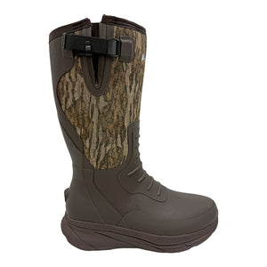 Brown and camo hunting boot with Mossy Oak Bottomland camouflage pattern on a white background