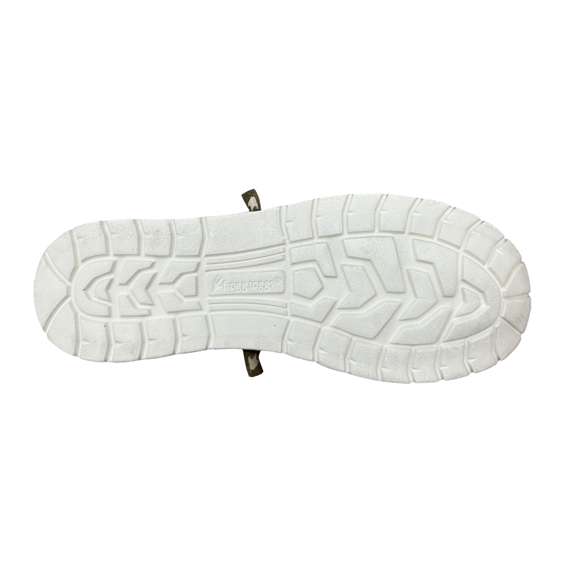 White sole of a shoe with a brand logo on a white background