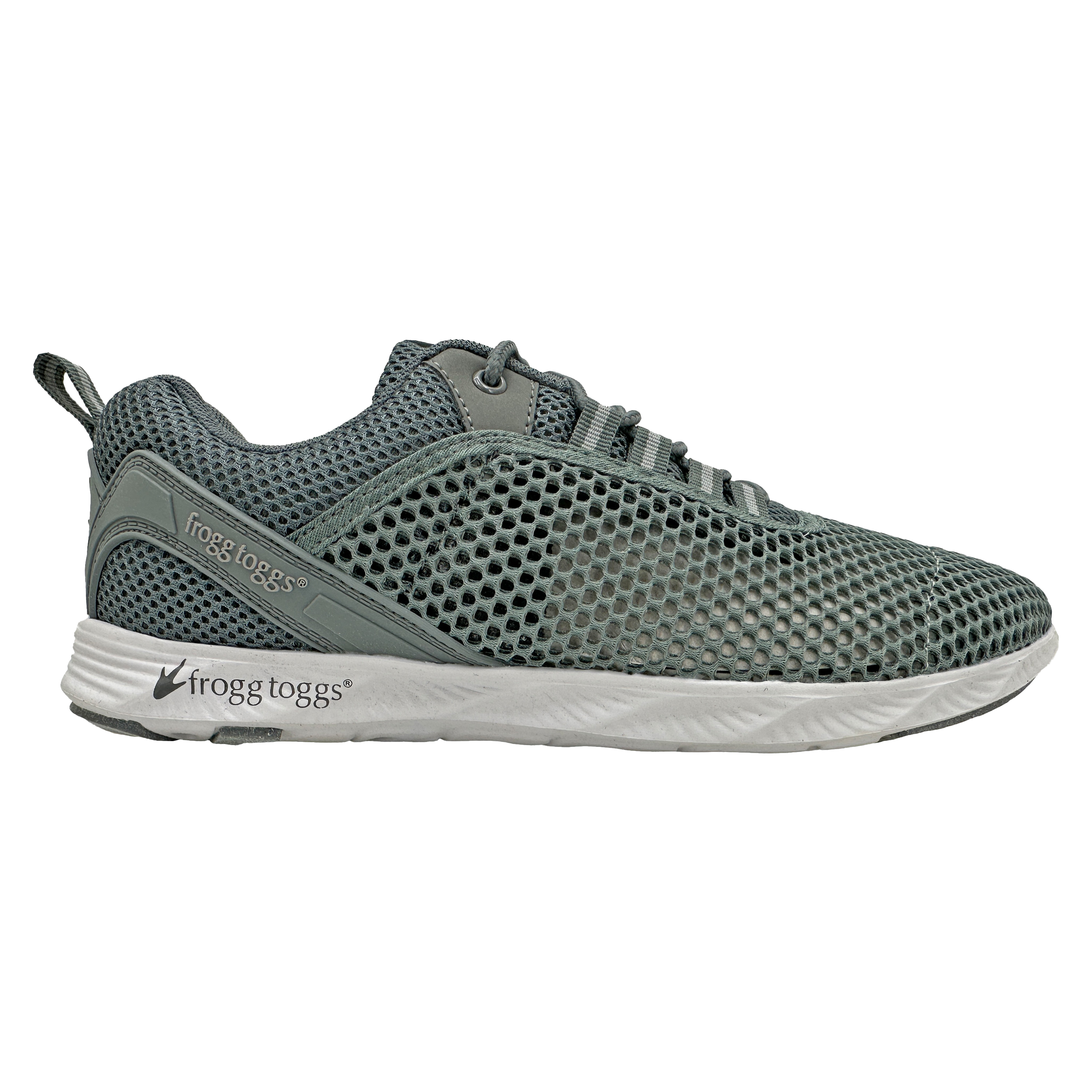 Gray sneaker with 'frogg toggs' branding on a white background
