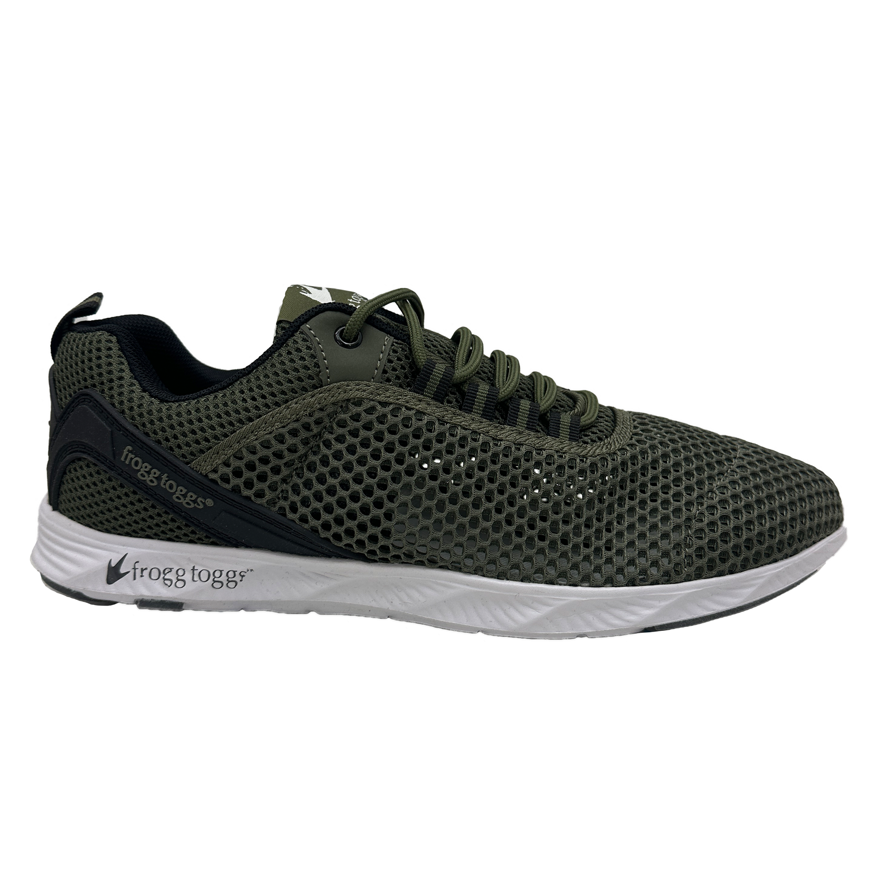 Green water shoe with white sole on a white background