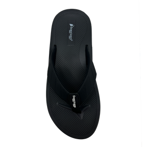 Black sandal with brand logo on a white background