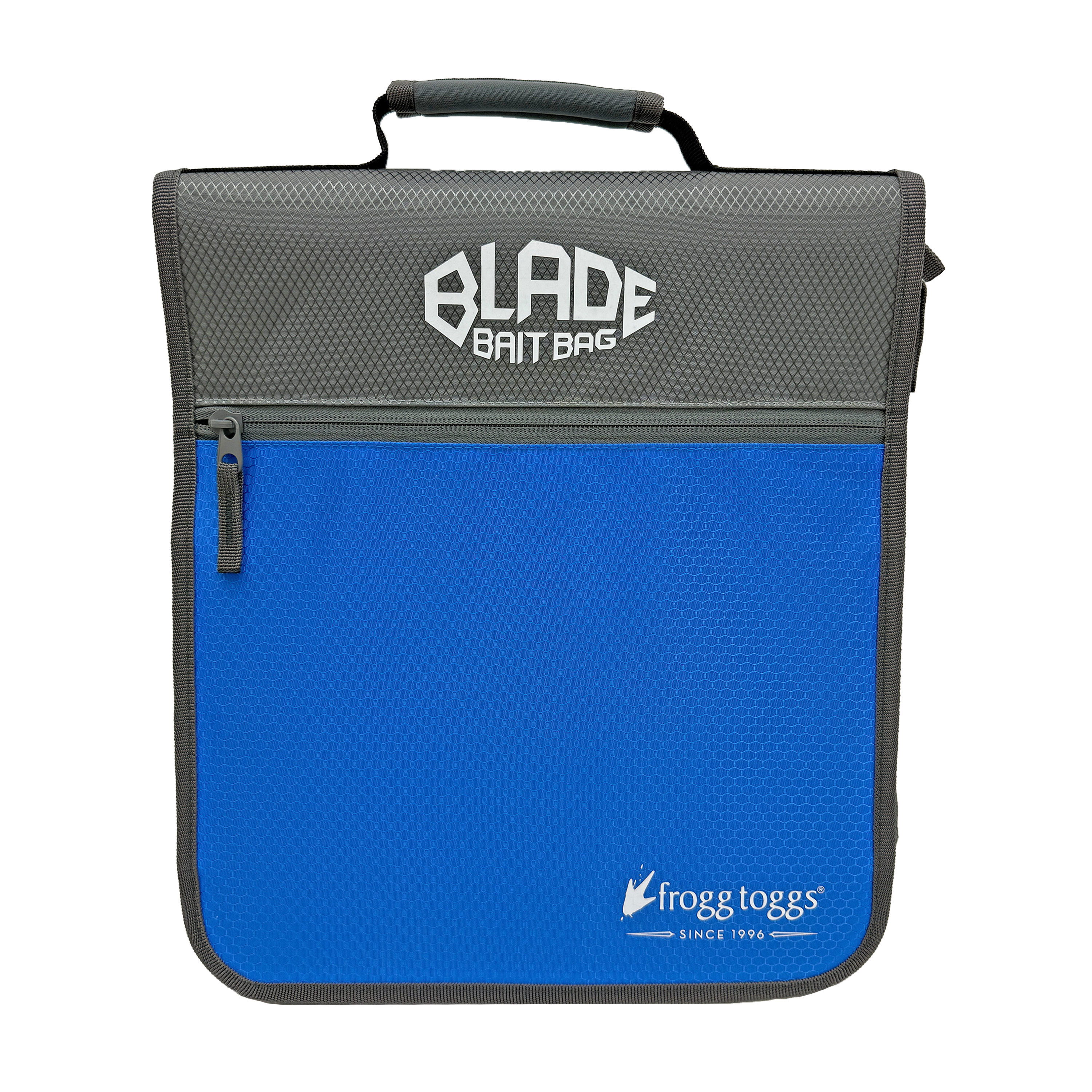 A blue and dark gray Frogg Toggs mesh bait bag with a top handle, a front zippered pocket, and visible Frogg Toggs and Blade Bait Bag branding.