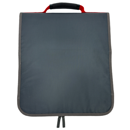 A dark gray top view of a Frogg Toggs bag with a black-and-red top handle, shown against a plain white background.