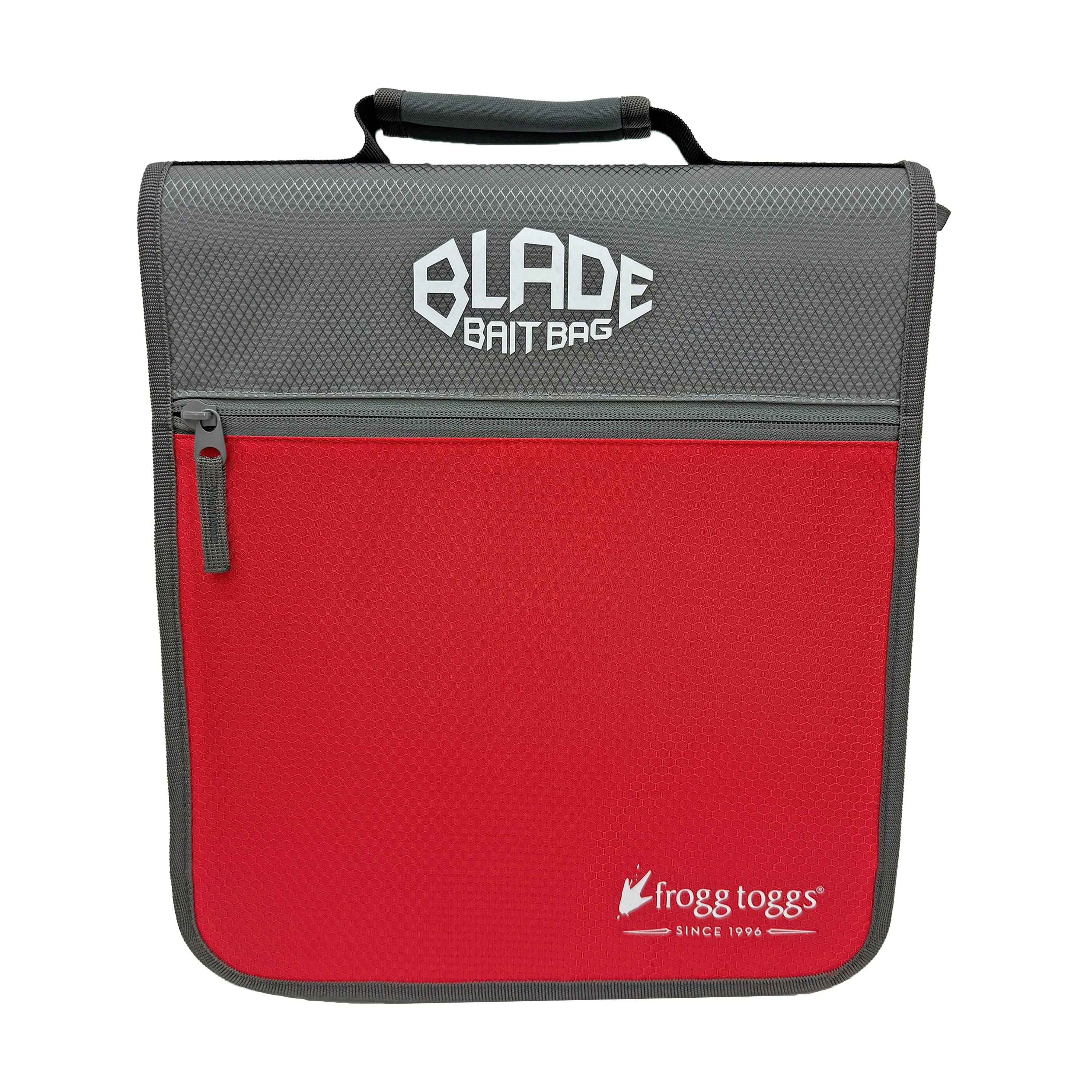 A red and gray mesh bait bag with a top handle, featuring the 'BLADE BAIT BAG' logo on the gray top panel and the Frogg Toggs logo on the red bottom panel.