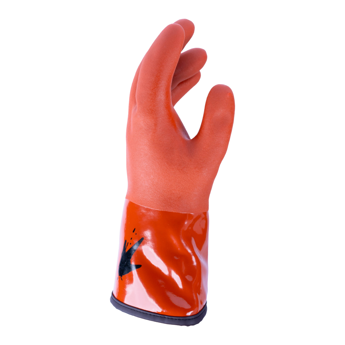 A single orange-red protective work glove with a glossy, reflective wrist cuff and a black printed graphic on the back, shown against a plain white background.