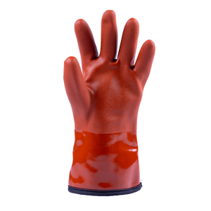 A single red rubber work glove with a glossy finish and a dark elastic wrist band, shown against a plain white background.