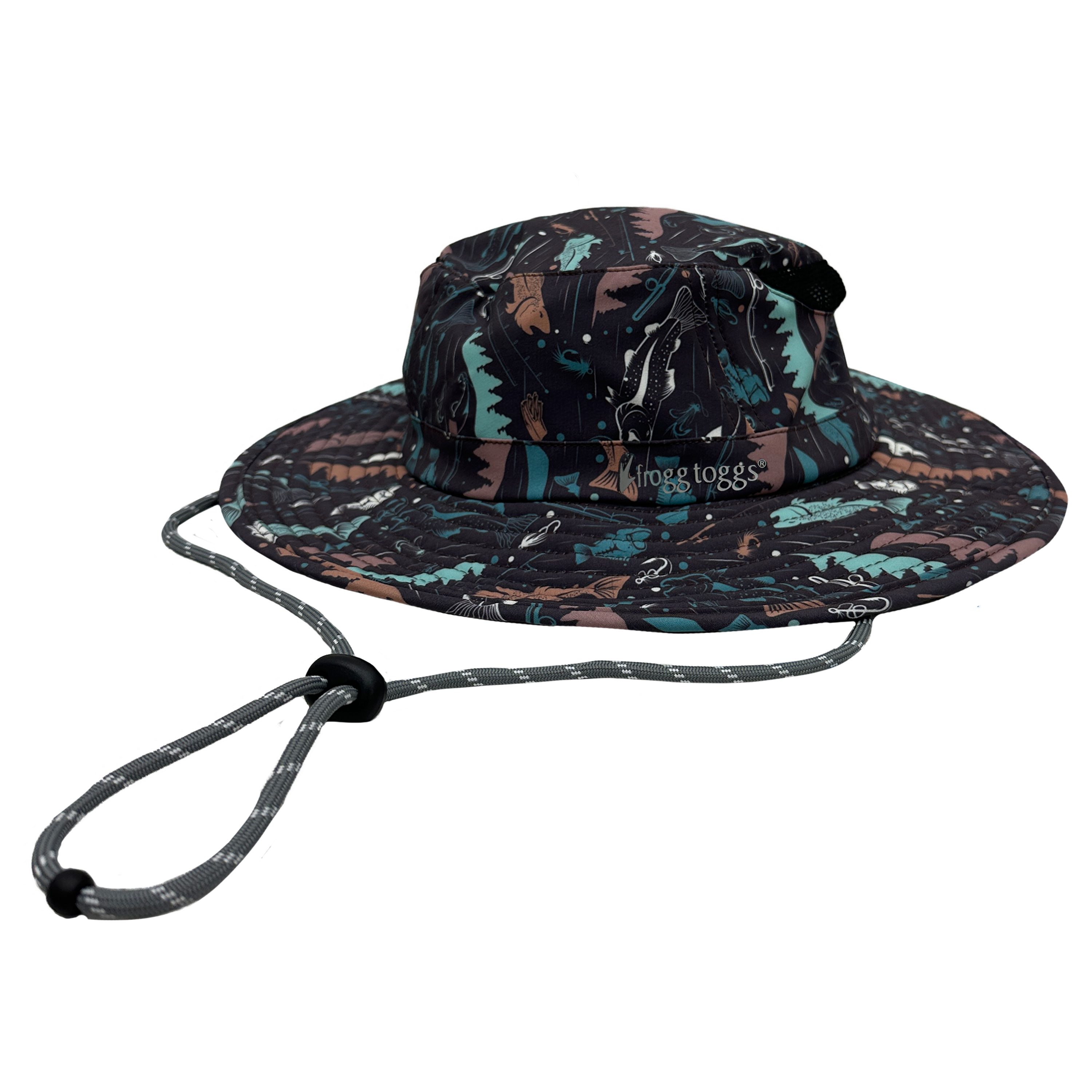Bucket cooling hat with camouflage pattern and drawstring on a white background