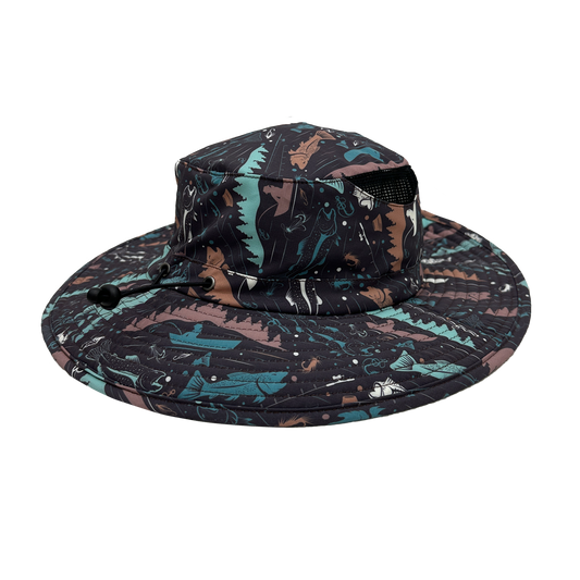 Bucket hat with a flyfish pattern on a white background