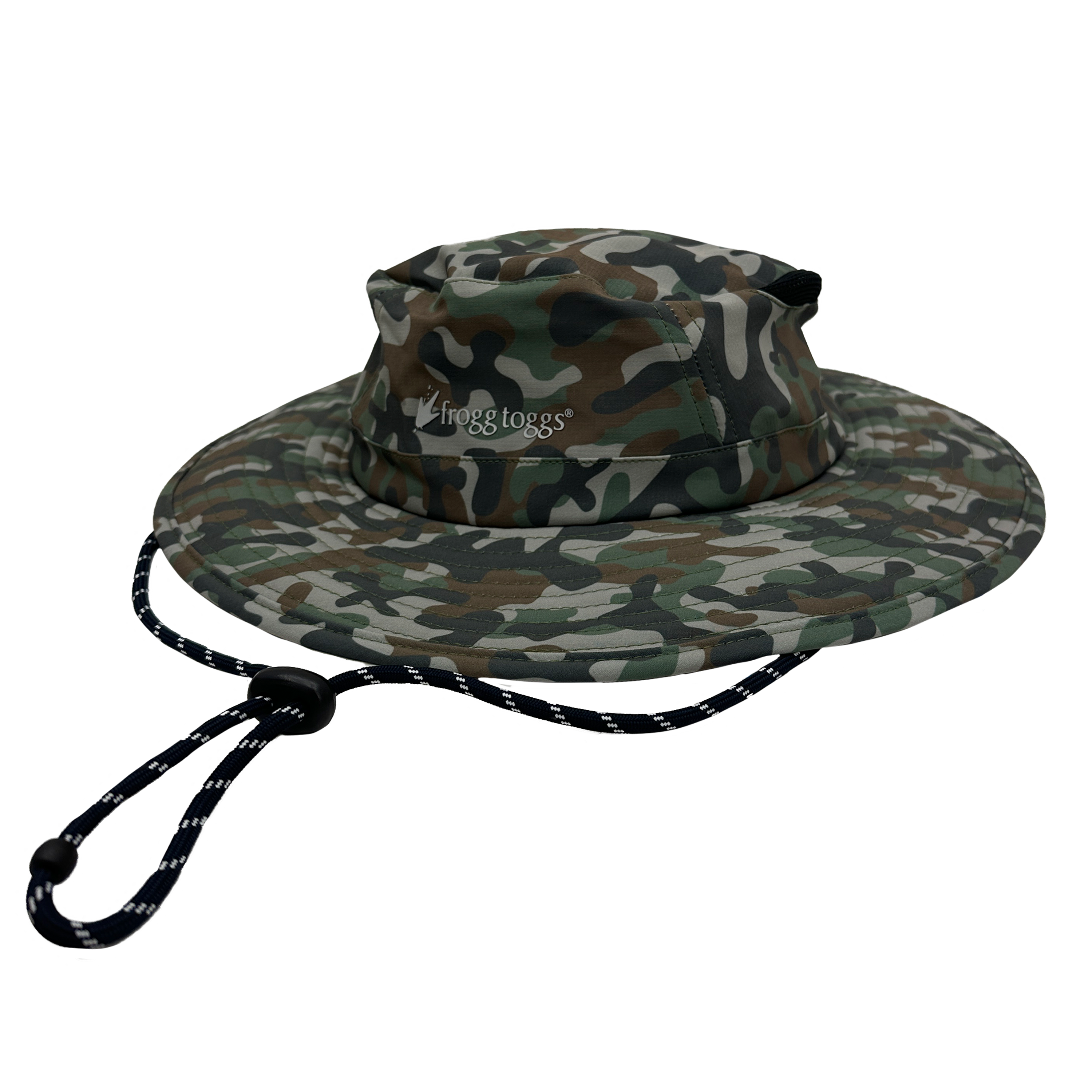 Camouflage bucket hat with a brand logo on a white background
