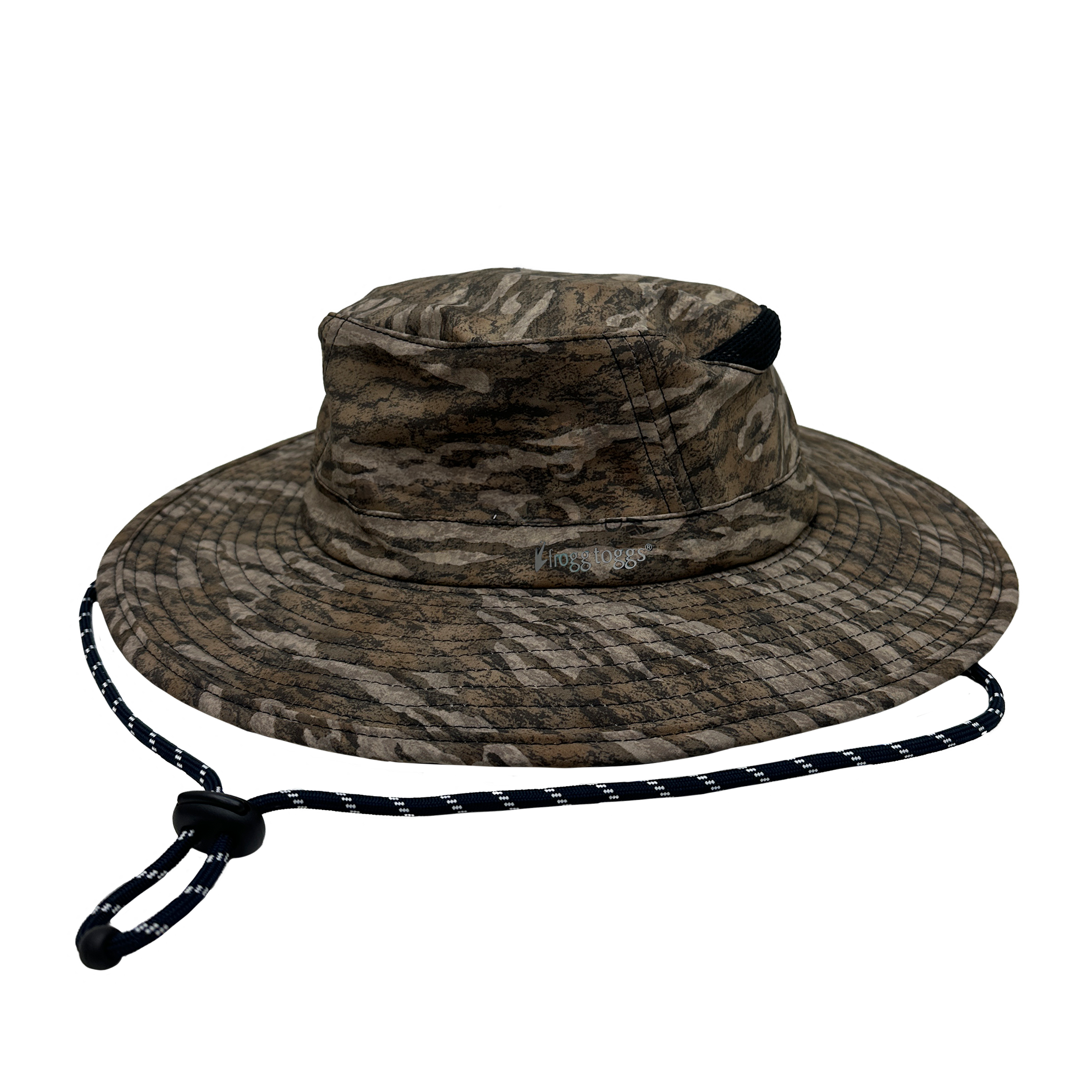Camouflage MO Bottomland bucket cooling hat with a strap on a white background