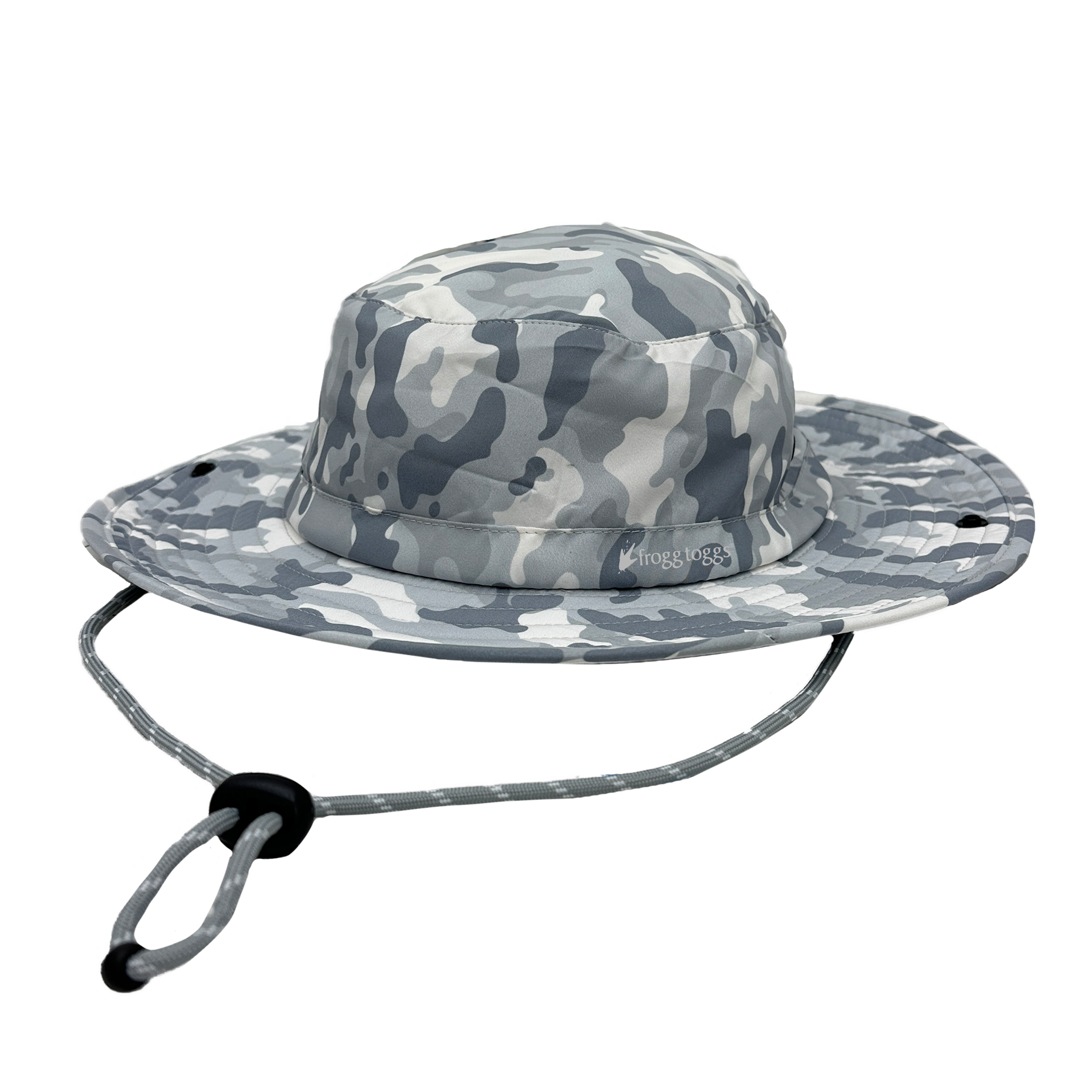 Camouflage-patterned bucket cooling hat with a rope on a white background