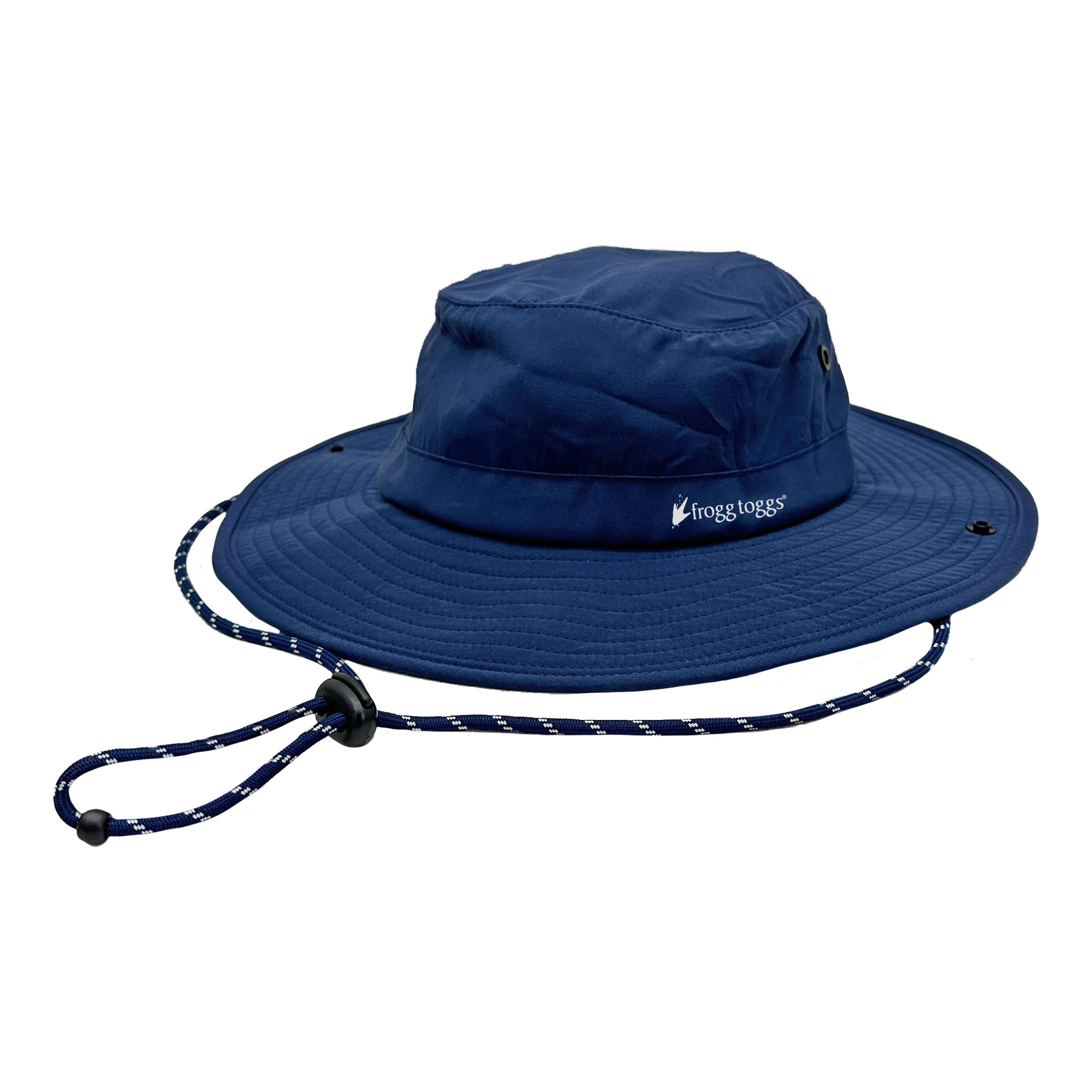 Blue wide-brimmed cooling hat with a drawstring on a white background
