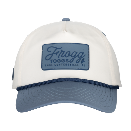 White and blue cap with 'Frogg Toggs' logo on a white background