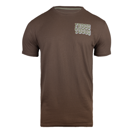 Brown t-shirt with 'Frogg Toggs' logo on a white background