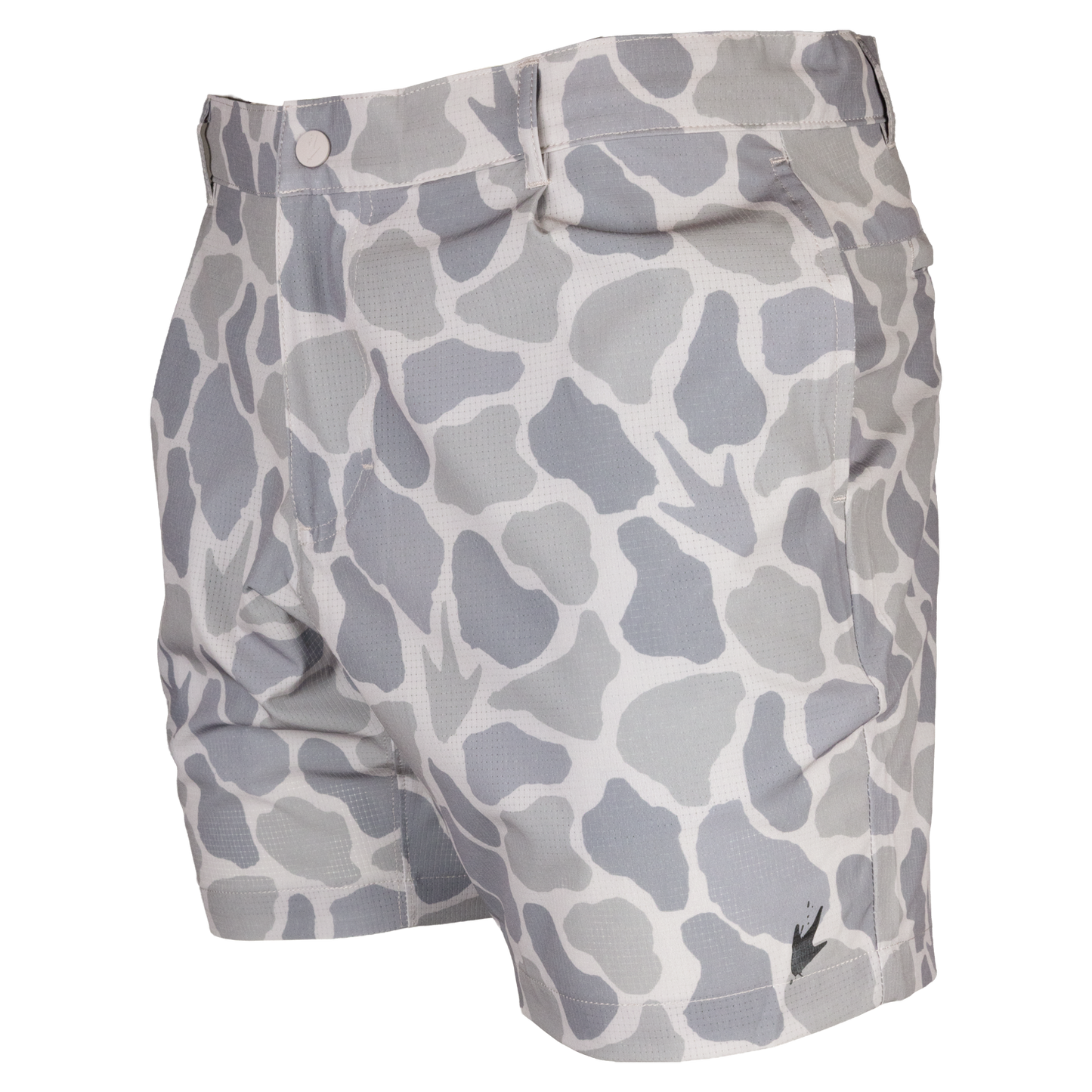 Gray and white patterned Frogg Toggs golf shorts with a small black logo on the lower left hem, shown against a plain white background.