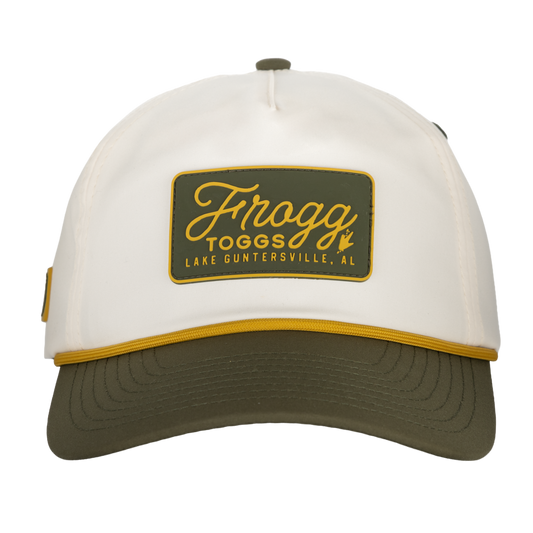 White and green cap with Frogg Toggs logo on a white background