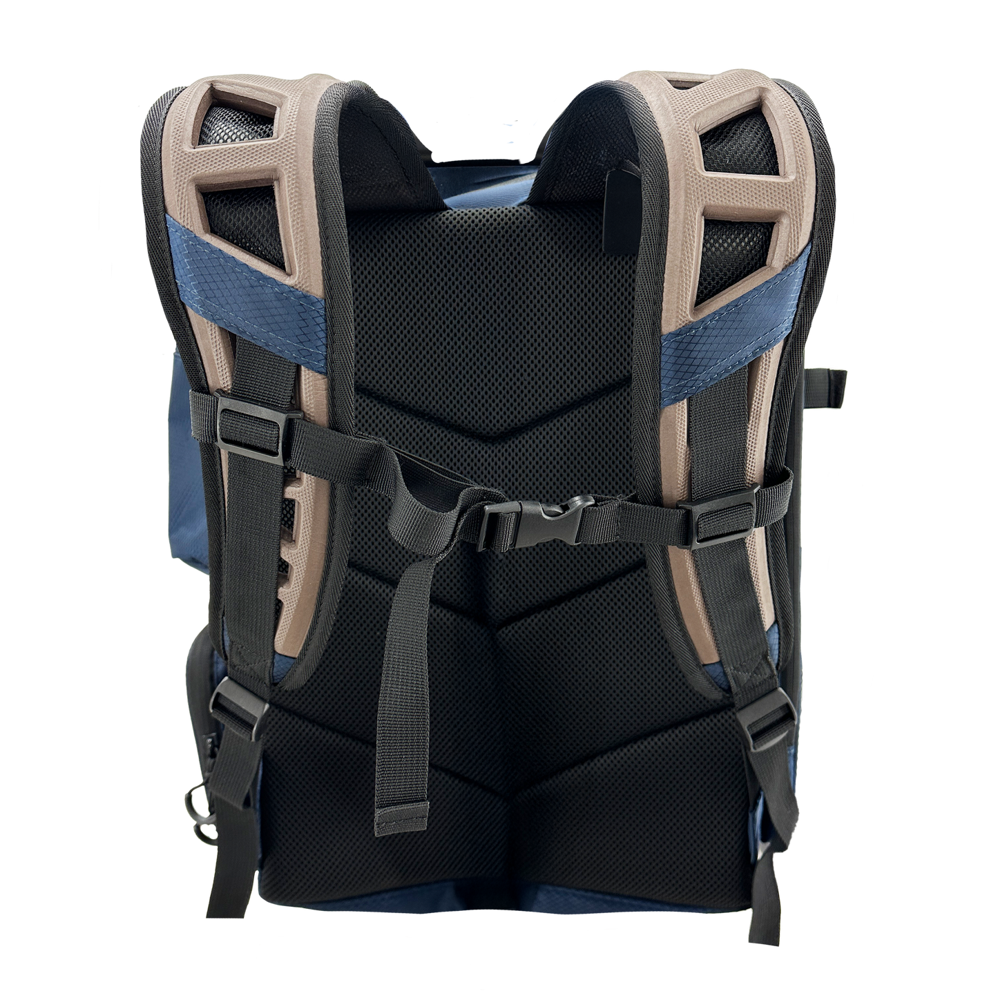 Black and blue backpack with beige straps on a white background
