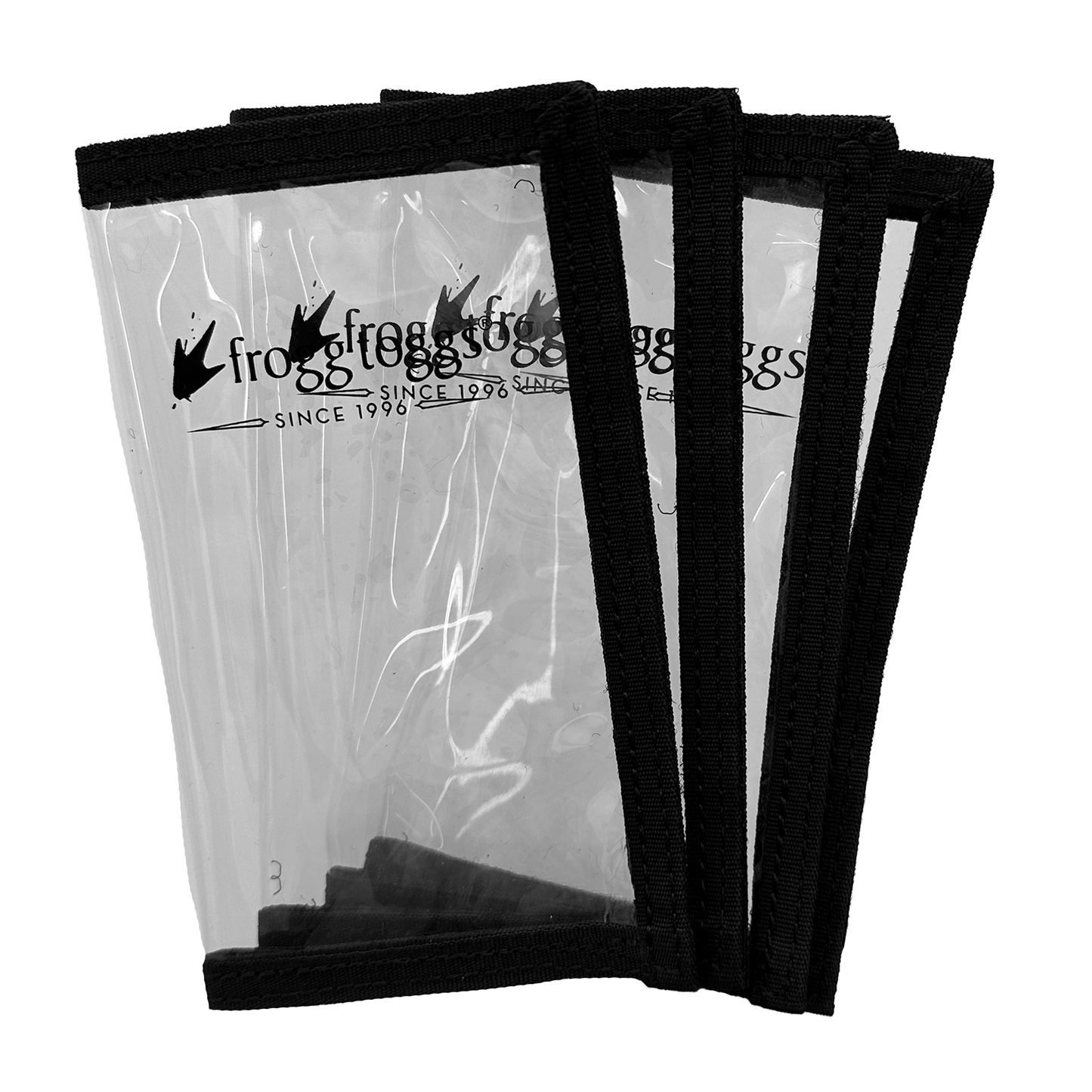 Clear plastic bags with black straps and visible branding on a white background