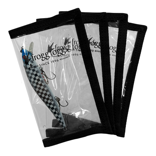 Set of fishing lures in clear packaging with 'frogtloggs' branding.