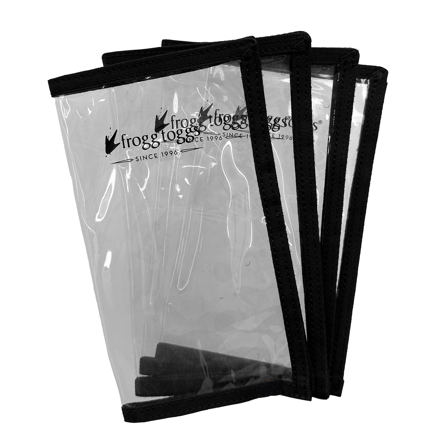 Clear plastic bags with black edges and frogg toggs logo on a white background