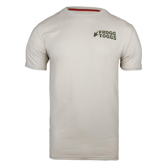 Beige t-shirt with Frogg Toggs logo on a white background
