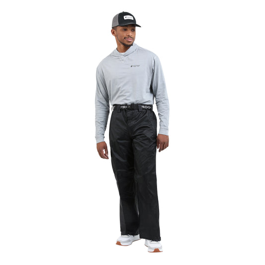 A man modeling a light gray long-sleeve Frogg Toggs shirt, black pants, a black belt, white sneakers, and a black and gray baseball cap against a plain white background.