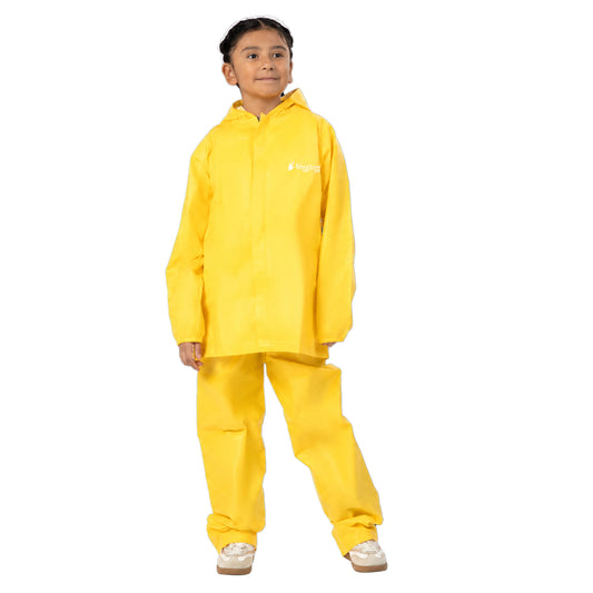 A child wearing a bright yellow Frogg Toggs waterproof rain suit with a hooded jacket and matching pants, standing against a plain white background.