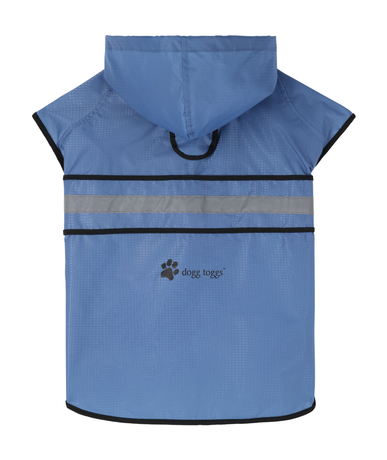 Blue dog raincoat with reflective strip and 'dogg tags' brand logo on a white background
