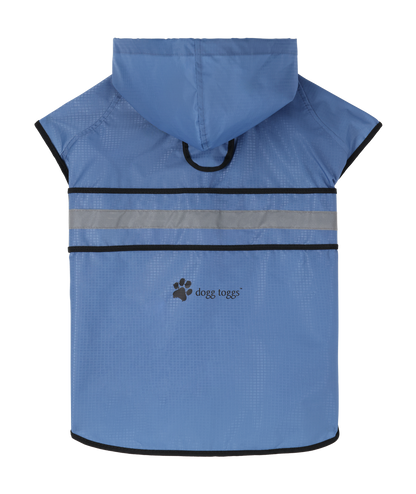 Blue dog raincoat with reflective strip and 'dogg tags' brand logo on a white background