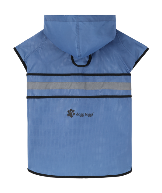 Blue dog raincoat with reflective strip and 'dogg tags' brand logo on a white background