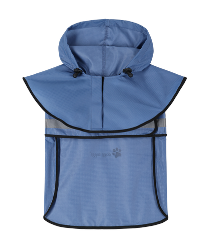 Blue rain poncho with a hood on a white background