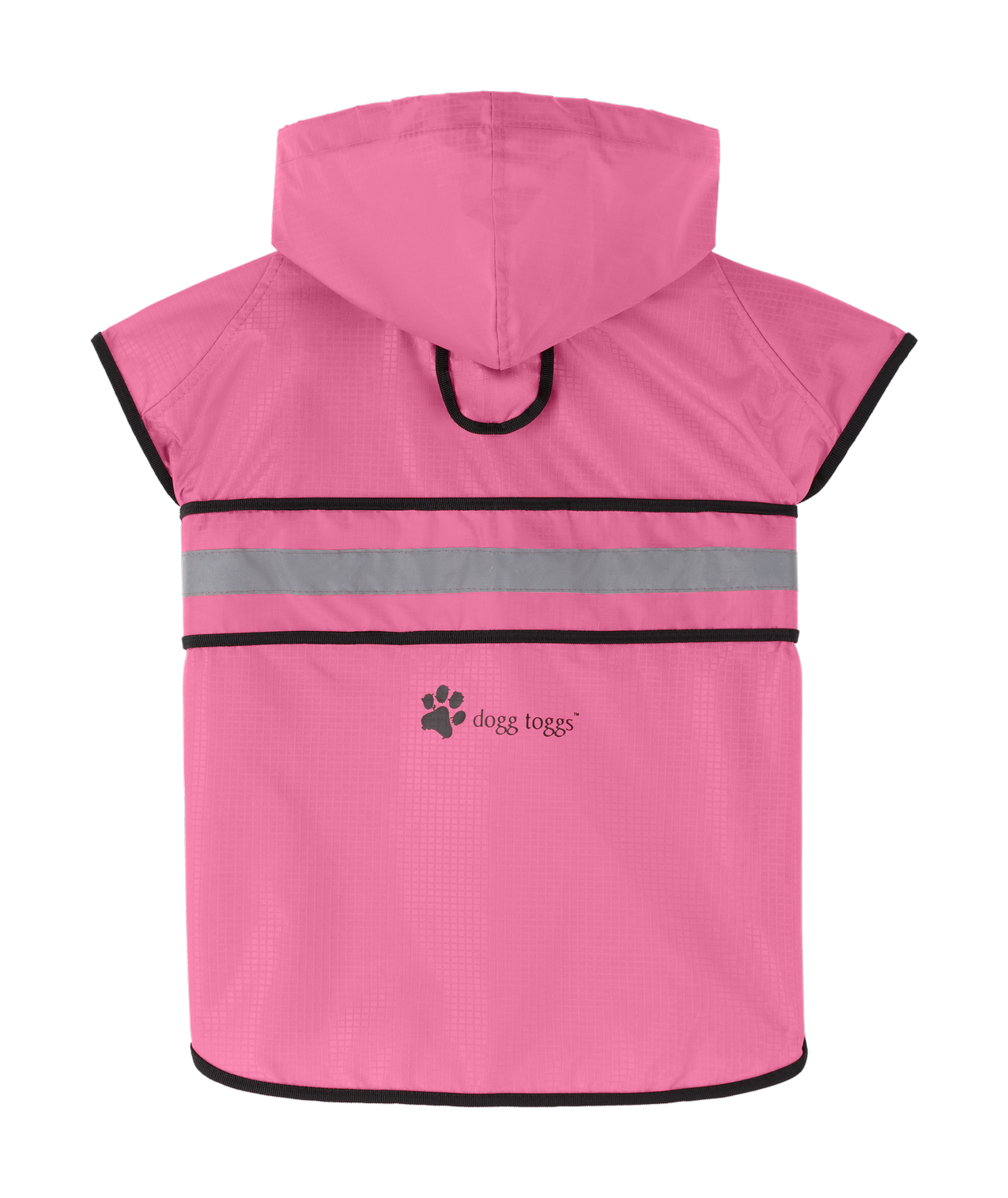 Pink dog raincoat with reflective strip and brand logo on a white background