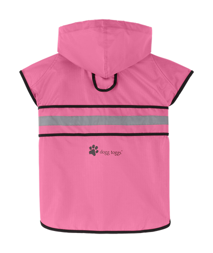 Pink dog raincoat with reflective strip and brand logo on a white background