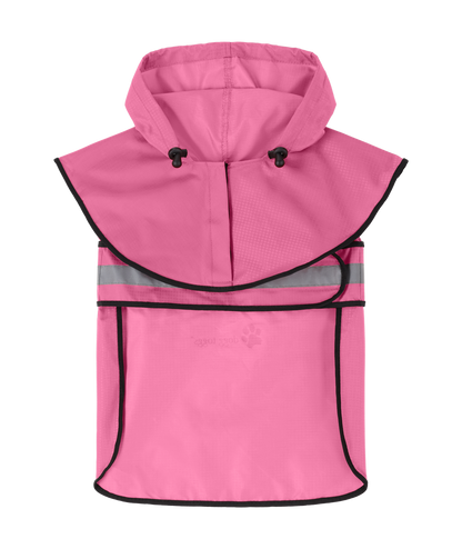 Pink raincoat with reflective stripes on a white background