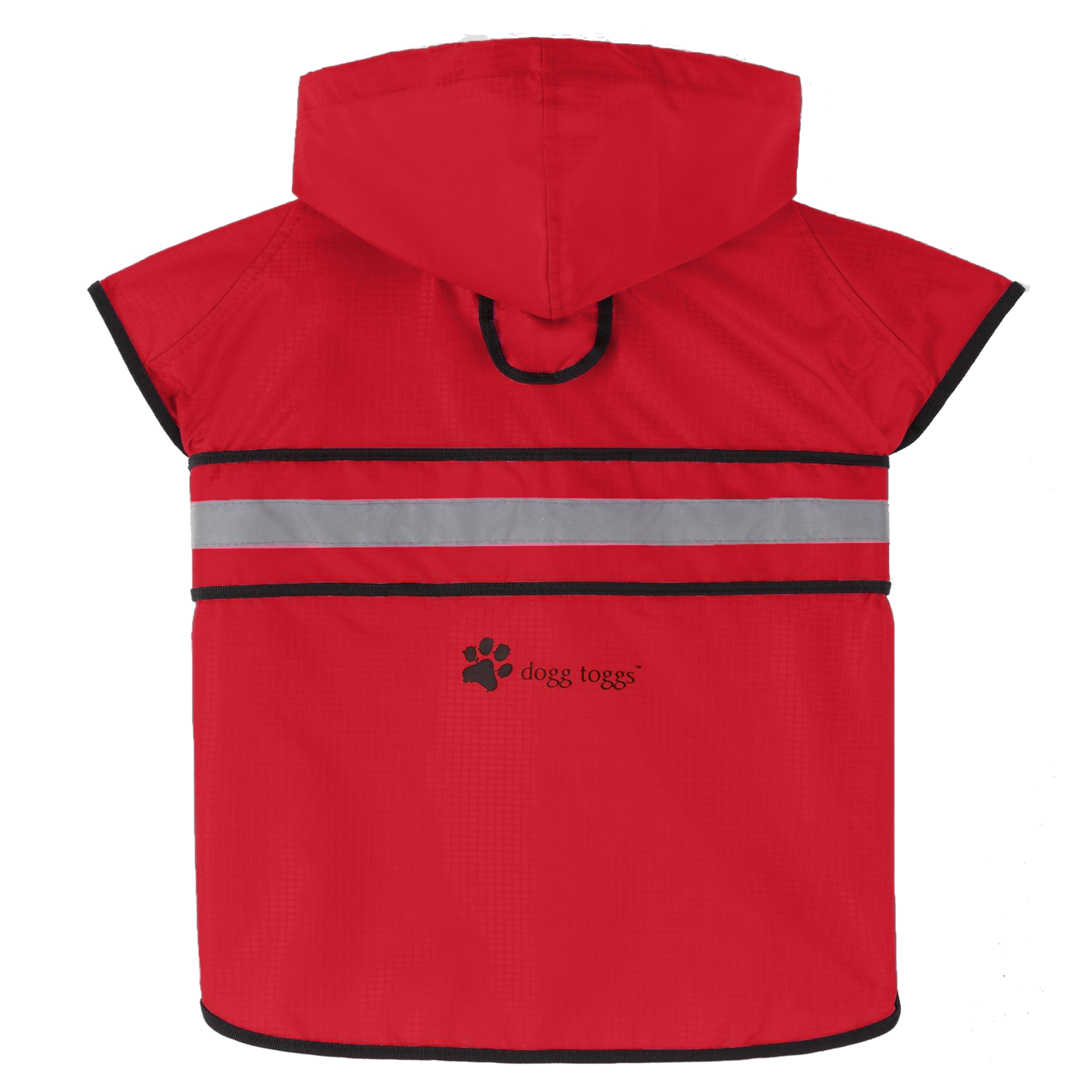 Red dog raincoat with reflective strip and dogtogs logo on a white background