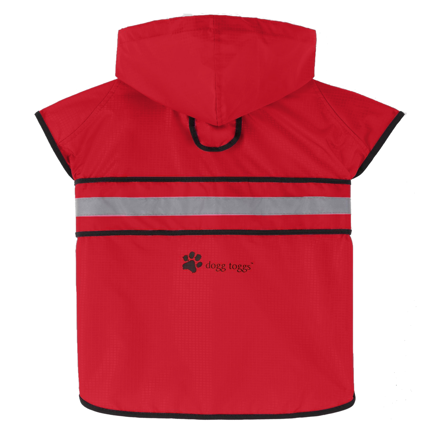Red dog raincoat with reflective strip and dogtogs logo on a white background