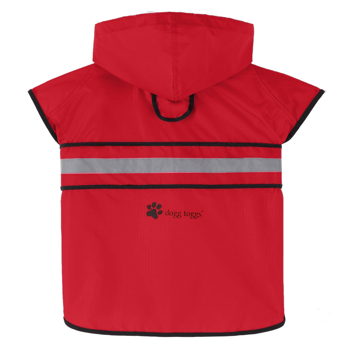 Red dog raincoat with reflective strip and dogtogs logo on a white background